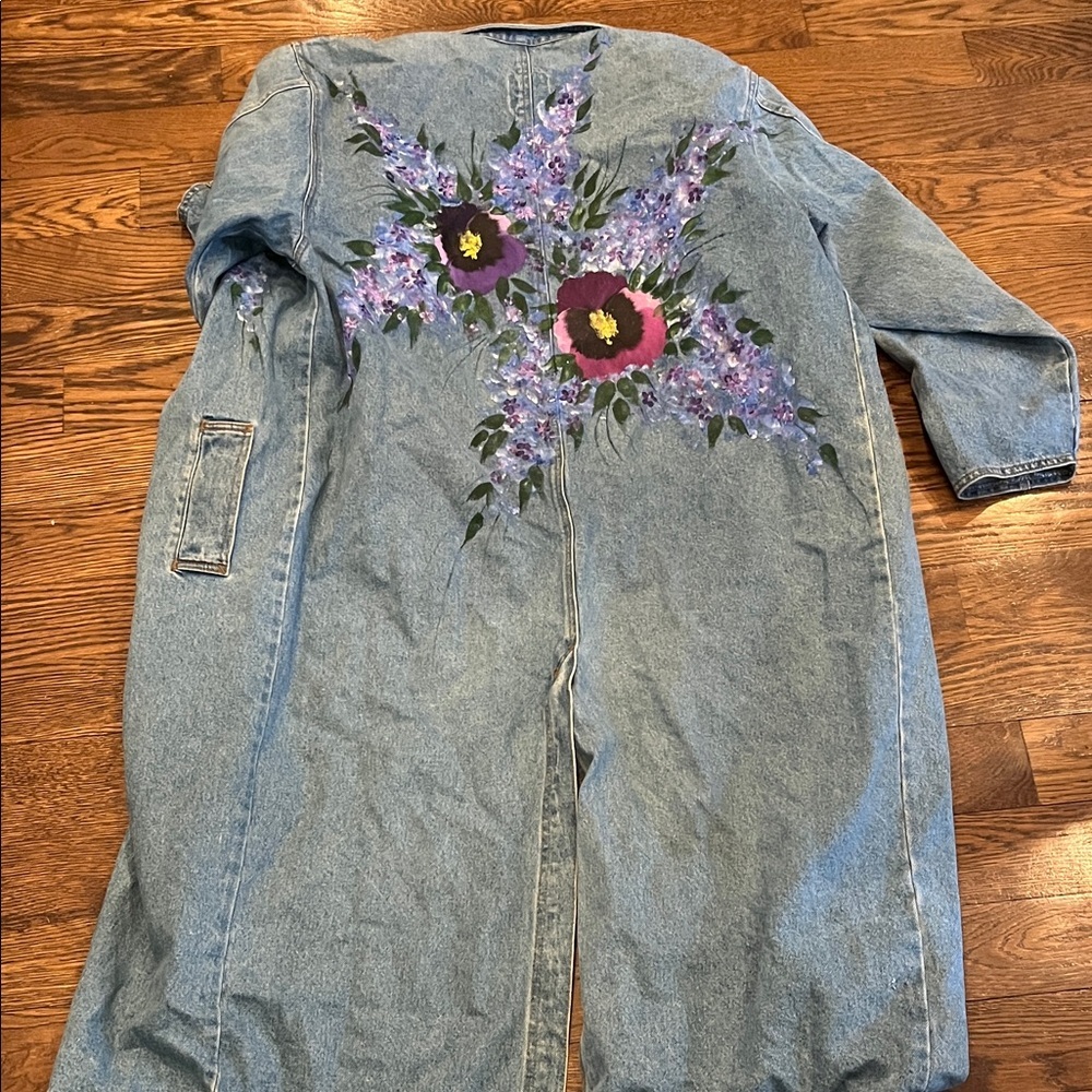 Sun Belt denim M/L Floral Denim Duster Coat handpainted - Picture 3 of 4